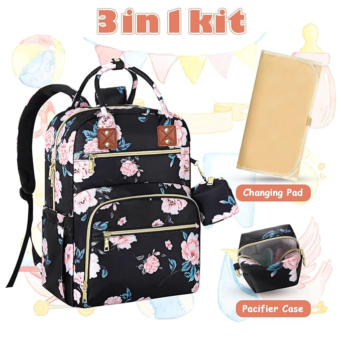 Baby Diaper Bag Backpack, Travel Diaper Bags for Girl Boy Large Capacity Baby Bag Backpack for Women Black Floral