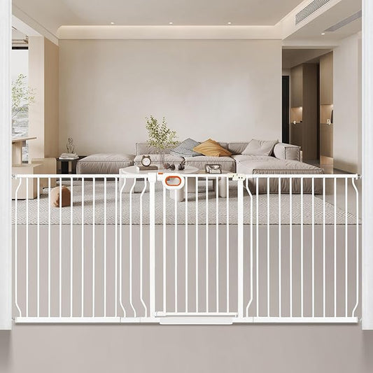 owlie 37.4" Extra Tall Wide Baby Gate for Stairs Doorways,75-85 Inch Extra Large Long Baby Gate with Door Indoor Safety Metal Pressure Mounted Pet Gate with Walk-Thru Auto Close, White