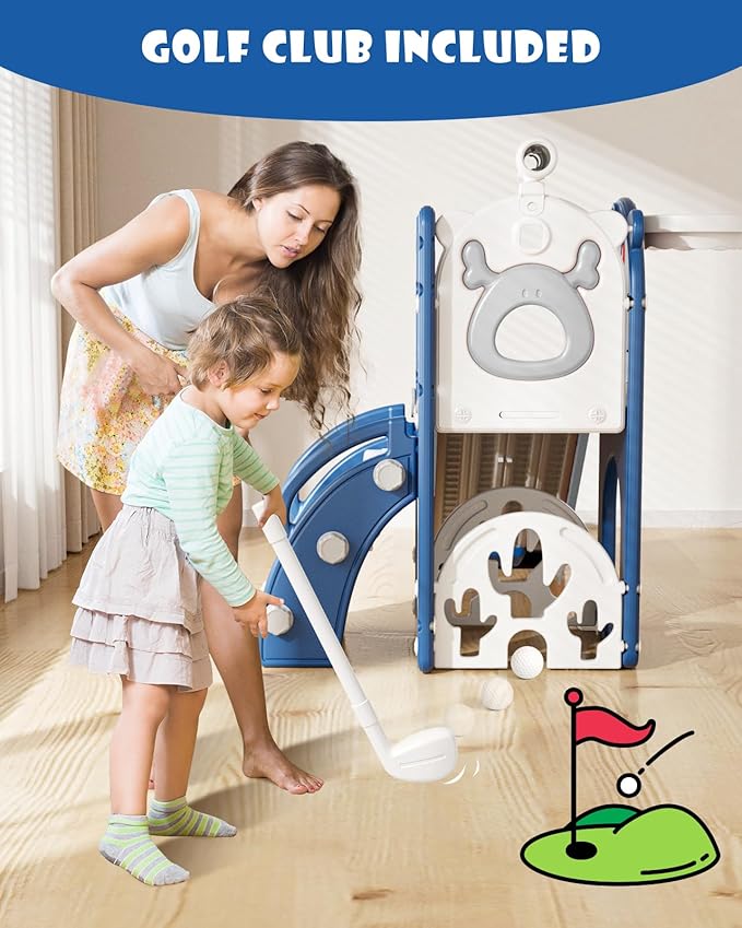 XJD 7 in 1 Toddler Slide, Kids Indoor Slide for Toddlers 12 to 36 Months, New Upgrade with Golf, Basketball Hoop for Indoor Outdoor Playset,Toddler Playground (Blue Gley)