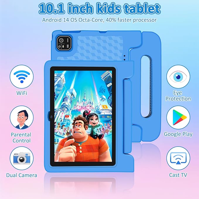 Tablet for Kids, 10.1 inch IPS HD Touchscreen Android 14 64 GB Storage, 8GB RAM, Octa Core Kids Tablet, Parental Controls, 12-hr Battery, WiFi, GPS - Blue