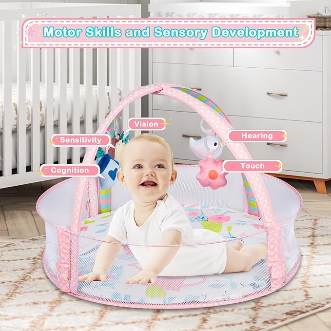 Baby Play Mat, 4-in-1 Baby Play Gym Tummy Time Mat with Ball Pit and 5 Detachable Toys for Newborn to Develop Sensory Exploration and Motor Skill 0-6-12 Months