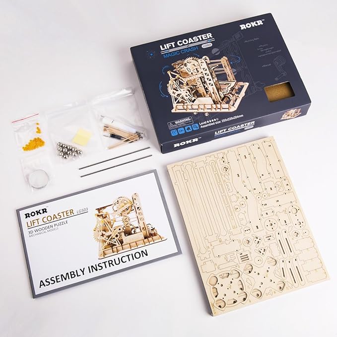 ROKR 3D Wooden Puzzles Marble Run Set - Mechanical Model Kit for Adults DIY Roller Coaster Toys Gifts for Boys/Girls (Marble Channel)