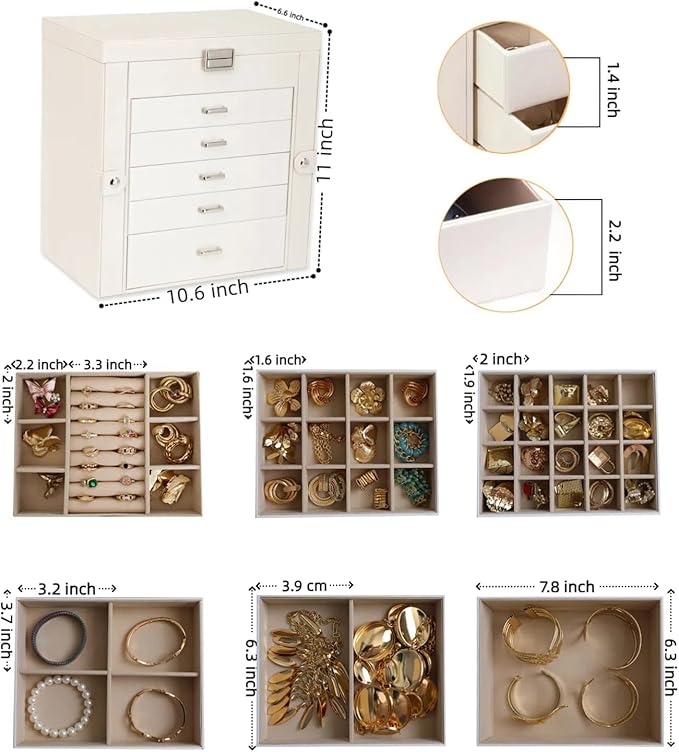 BOOVO Jewelry Box For women, 6 Layer Large Jewelry Organizer With Mirror, Multi-Function Storage Box With Lock, Accessory Holder With 5 Drawers, For Earrings Necklace Ring Bracelet (Pearl White)