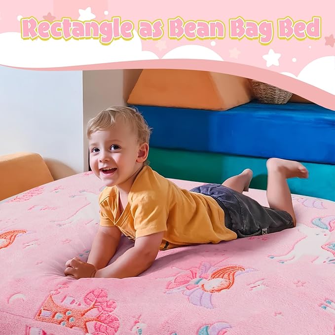 COMAX Kids Bean Bag Chair Turn into Beanbag Bed, Toddler Bean Chair for Girl Boy Sleeping, Lazy Children Bean Bags with Filler, Convertible Child Floor Mattress, Pink Fairy