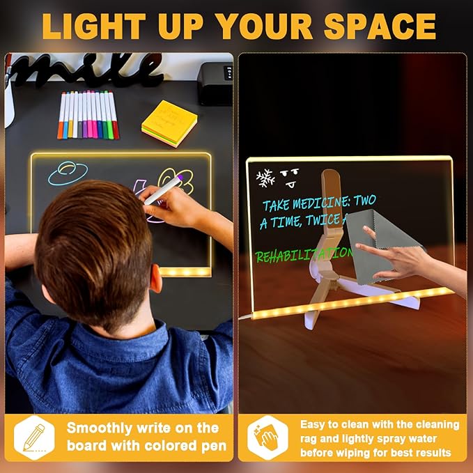 LED Acrylic Message Board, Light Up Acrylic Dry Erase Board 5.9x5.9” with Stand, LED Note Board with Colors for Kids, Glow Memo Message Writing Board with Light, Drawing Stencils Set Included