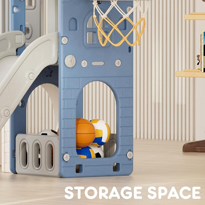 YUFU 8 in 1 Toddler Slide Set, Kids Slide for Toddlers Age 1-3, Toddler Playset with Climber, Basketball Hoop and Ball, Outdoor Indoor Playground for Toddlers 1-3 (Blue+Gray)