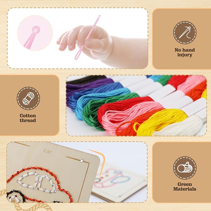 Montessori Wooden Lacing Toys for Toddlers and Kids Ages 2-4 5-7, Sewing Kit Fine Motor Skill Busy Board, Education Sensory Preschool Toy for 1 2 3 4 Year Olds, Birthday Gift for Boys and Girls