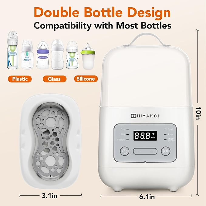 Bottle Warmer, HIYAKOI Fast Baby Bottle Warmer for Breastmilk with Smart Temperature Control, Keep 24H, Sterili-zing, Heat Baby Food, Thaw, Double Bottle Warmer for All Bottles