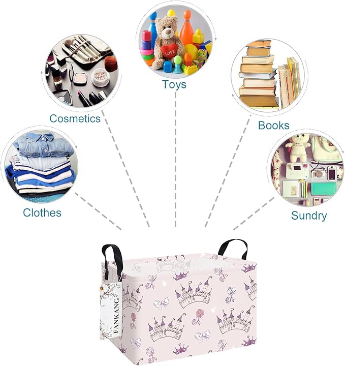 FANKANG Storage Bins, Nursery Hamper Canvas Laundry Basket Foldable with Waterproof PE Coating Large Storage Baskets for Kids Boys and Girls, Office, Bedroom, Clothes,Toys(Rec-Princess Castle