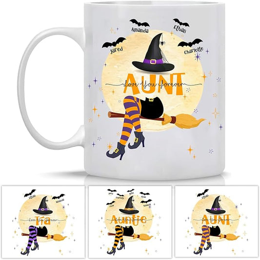 Personalized Witch Mug with Kids Names - Halloween Coffee Cup & Gift for Women - 11 or 15 Oz