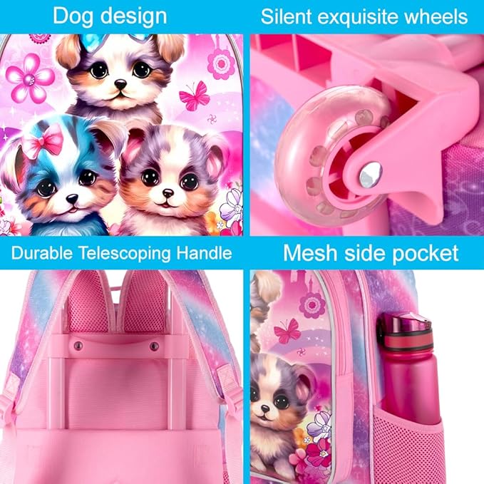 gxtvo Rolling Backpack for Girls, Cute Dog Roller Wheels Kids Bookbag - Wheeled Elementary School Bag - 3PCS Dog