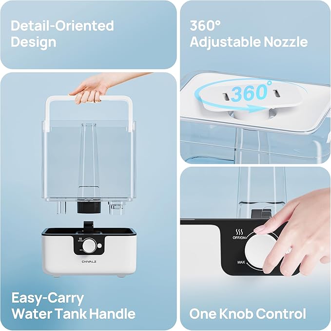 CHIVALZ 6L Humidifiers for Bedroom Large Room Home, Cool Mist Top Fill Humidifiers for Baby Nursery and Plants, 26dB Quiet, Nightlight, Up to 50 Hours, Oil Diffuser 1 Pack + 2 Mist Outlets White