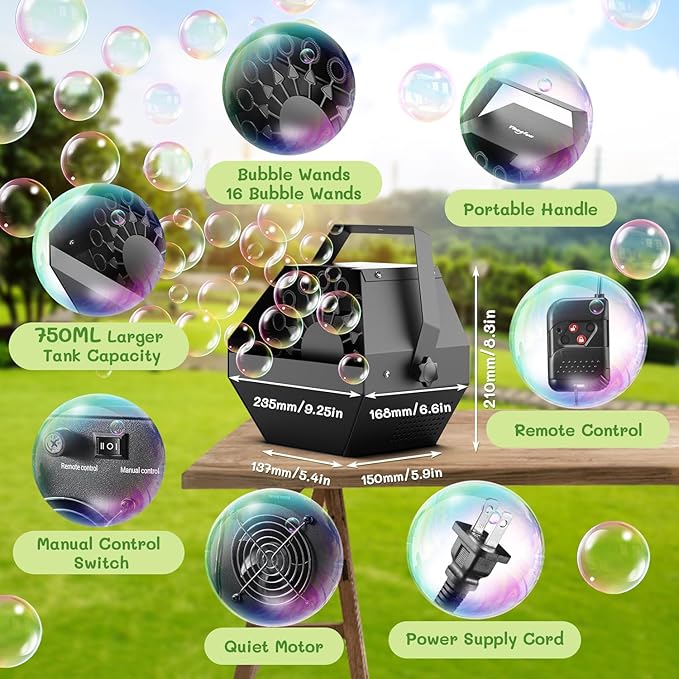 Theefun Bubble Machine: Remote Control 750ML Metal Bubble Blower Machine with High Output, Plug-in Automatic Bubble Maker Bubble Toys for Parties Wedding Birthday Indoor Outdoor Use with AC Adapter