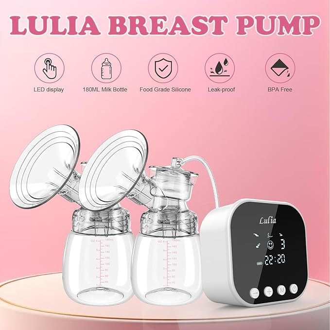 Lulia Double Electric Breast Pump, Breastfeeding Pump 4 Modes & 9 Levels, Low Noise, Anti-Backflow & LED Display, BPA Free, Portable Breast Pumps with 10 Breastmilk Storage Bags and 24mm Flange