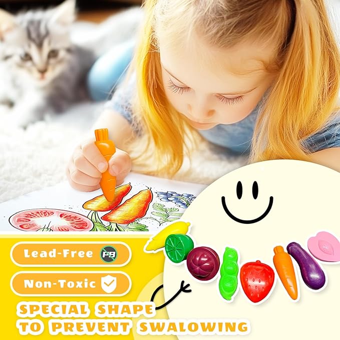 R&DLanci Toddler Crayons 8 Count, Non Toxic Washable Crayons for Toddlers, Unbreakable Easy-Grip Vegetable & Fruit Shaped Crayon for Little Hands, Toddler Coloring Art Christmas Gift
