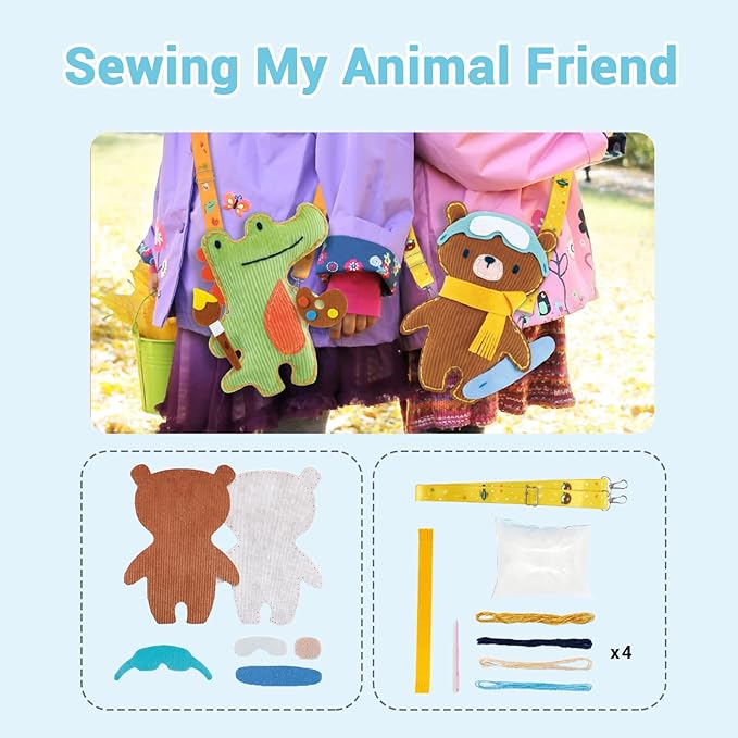 Avenir Sewing Kit for Kids Birthday Gifts for Kids Aged 6 Corduroy Fabric With Shoulder Strap Safe Needles Pre-cut Felt Easy DIY Arts and Crafts for Boys and Girls Stuff No Mess with Full Instructions