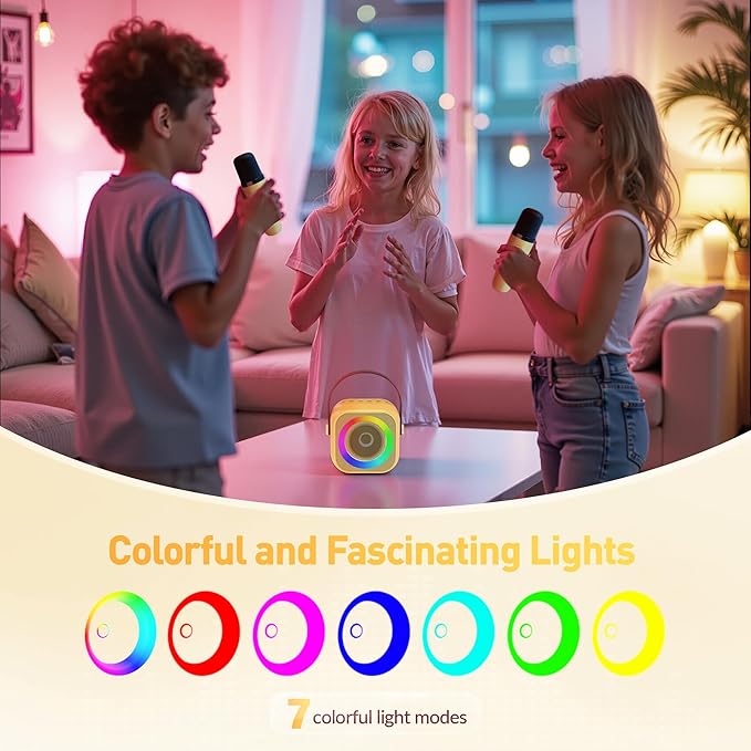 Mini Karaoke Machine for Kids Adults：Portable Bluetooth Karaoke Speaker with 2 Wireless Microphones and Lights for Home Party, Christmas Birthday Gifts for 4-12+ Years Old Girls Boys(Yellow)