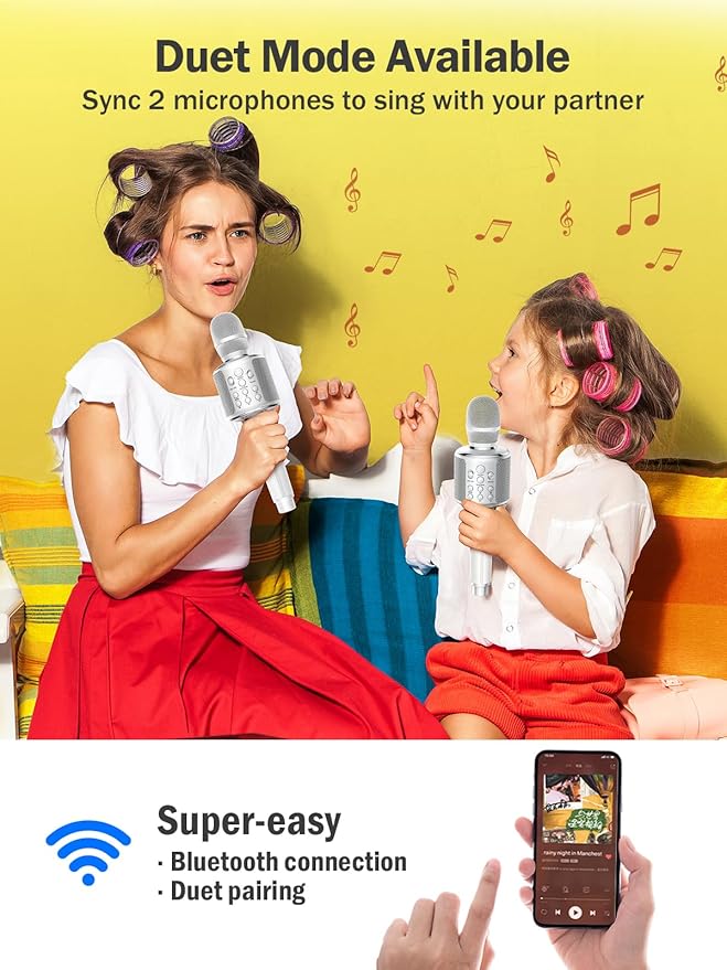 Wireless Bluetooth Karaoke Microphone, Built-in Loud Speaker for 10H Playback, Add Reverb/Duet Mode/Earbuds Monitoring, Portable Karaoke Machine for Entertainment & Singing Practice (White)