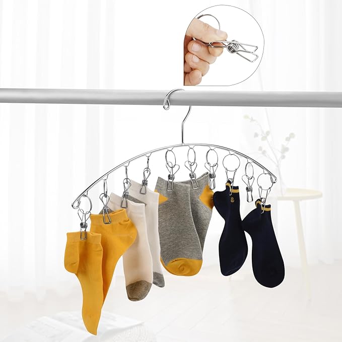 Toplife Clothes Hanger with 10 Clips, Stainless Steel, Windproof, for Drying Socks, Bras, Underwears, Baby Clothes, Hats, Scarfs, Towels, Pants and Gloves, Set of 4