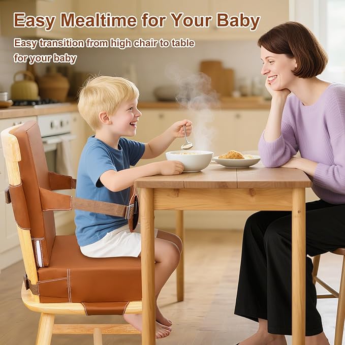Toddler Booster Seat for Dining Table Kitchen Chair, Waterproof Non-Slip with Backrest & Adjustable Straps, Portable PU Travel Baby Kids Booster Seat Cushion