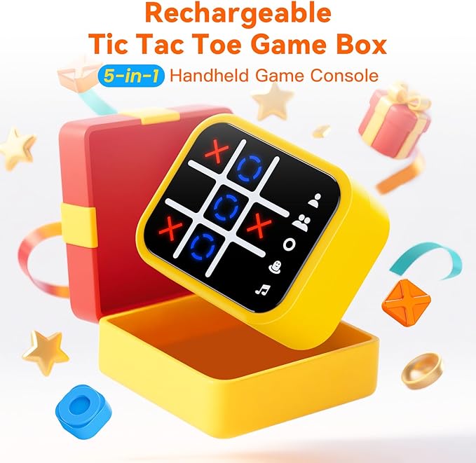 Rechargeable Tic Tac Toe Game Box with 5 Fun Brain Memory Games, Electronic Touchscreen Handheld Game, Portable Digital Puzzle Board Travel Toy, Gifts Choice for Kids and Adults(Yellow)