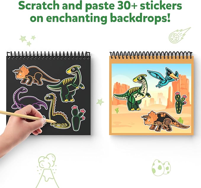 Skillmatics Scratch Art Book for Kids - Dinosaurs, Craft Kits & Supplies, 30+ Scratch Stickers, Travel Toys, DIY Kit, Gifts for Boys & Girls Ages 3, 4, 5, 6, 7, 8
