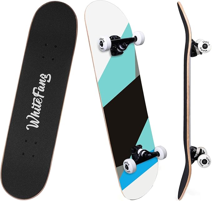 WhiteFang Skateboards for Beginners, Complete Skateboard 31 x 7.88, 7 Layer Canadian Maple Double Kick Concave Standard and Tricks Skateboards for Kids and Beginners