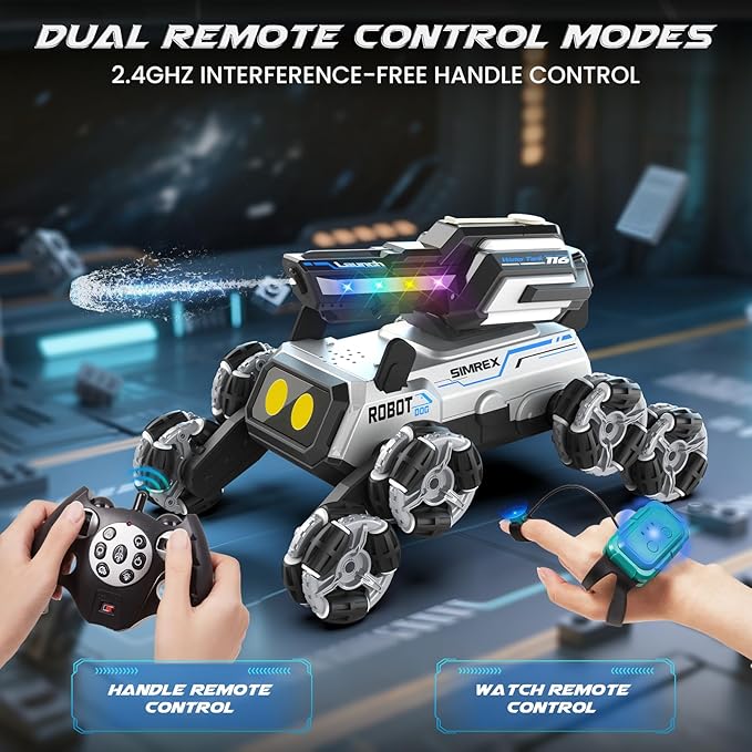 Robot Dog RC Stunt Car Toys - Gesture Sensing Remote Control car with Mecanum Wheels, LED Eyes, 3 Sound Effects,Water-Shooting Turret & RGB Lights,Birthday Gift for Kids Boys Girls