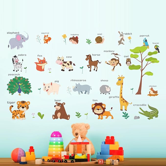 Large Animals Learning Educational Wall Stickers Kids,Nursery Playroom Wall Decals,Daycare Preschool Classroom Wall Stickers Peel and Stick Removable,Cute Wall Decor for Boy,Girl,Toddler,Baby.