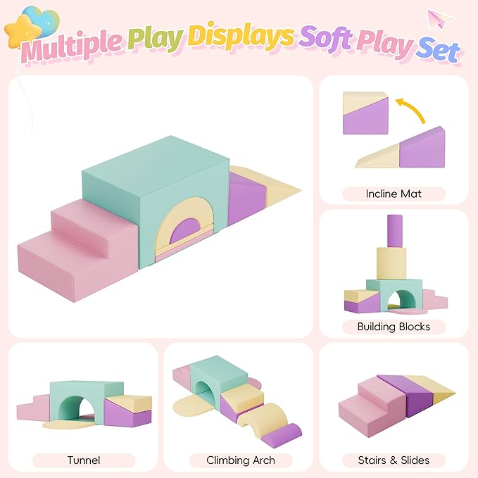 ‌Soft Climbing Toys for Toddlers, 7-Piece Baby Soft Foam Climbing Blocks, PU Leather Gym Climb and Crawl Activity Play Set, Indoor Climbing Toys for Kids and Children, Pink