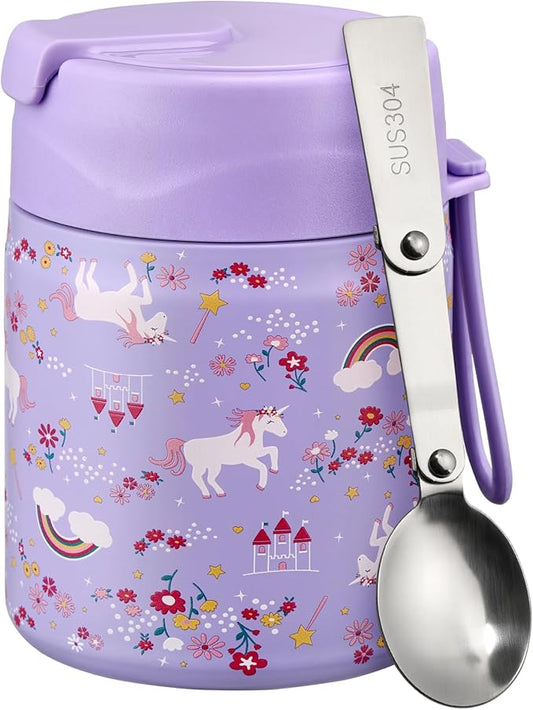 17oz Soup Thermo for Hot Food Kids Insulated Vacuum Food Jar with Stainless Steel Spoon Wide Mouth Thermo Leakproof Lunch Food Container Kids Hot Lunch Box (Purple-Horse)
