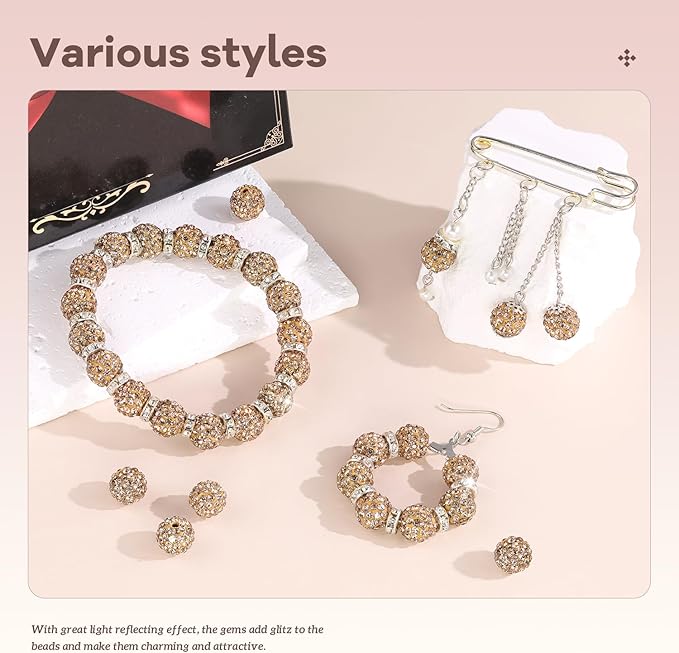 105pcs 10mm Rhinestone Beads for Jewelry Making, Light Brown Shiny Round Disco Ball Beads Bulk, Sparkle Crystal Clay Christmas for Bracelet Baseball Necklace Earring Crafting and DIY