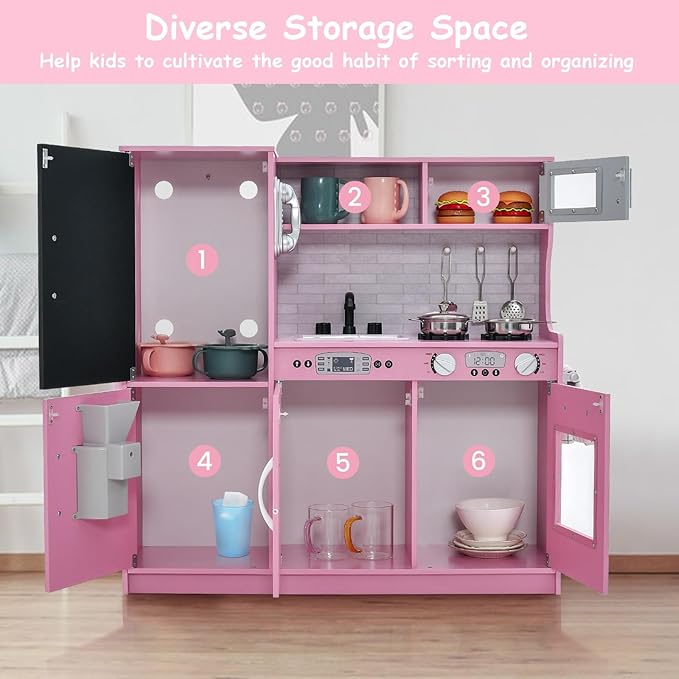 HONEY JOY Pink Kids Kitchen Playset, Wooden Little Chef Pretend Toy Kitchen Set w/Chalkboard, Telephone, Utensils, Oven, Microwave, Sink, Play Kitchen for Toddlers, Gift for Boys Girls, Pink