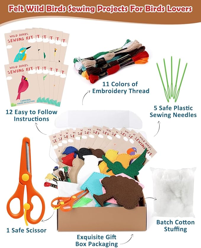 CiyvoLyeen Wild Birds Sewing Craft Kit Animal Sewing Kit for Boys and Girls Beginners Set of 12 Sewing Projects Gift for Kids