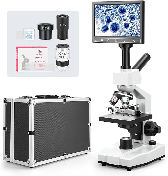 Dual-View Lab Compound Monocular Microscope 40X-2500X Magnification with 7" LCD Display, Wide-Field 4X/10X/40X(s)/100X(Spring Oil) Eyepieces, Adjustable Mechanical Stage, Aluminum Carry Box