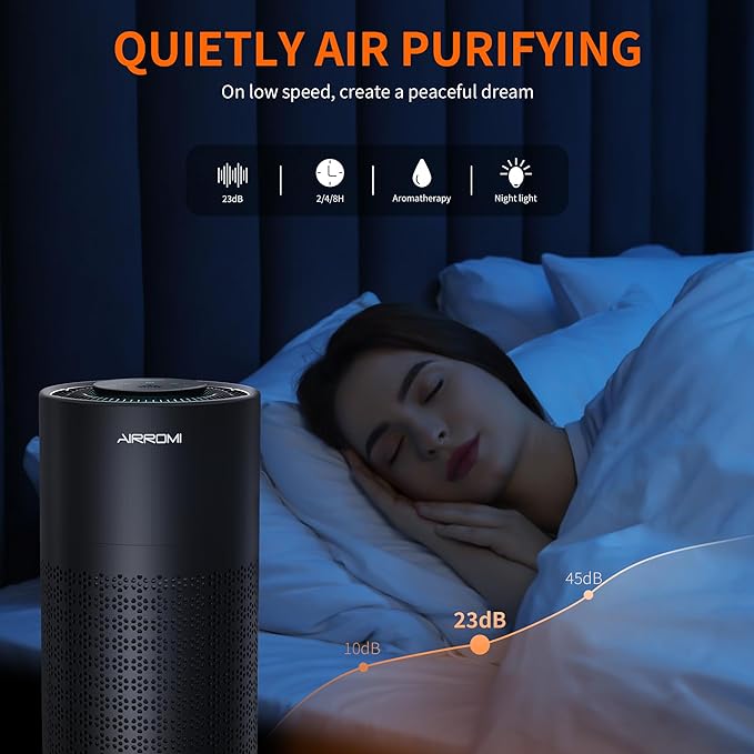 AIRROMI Air Purifier for Bedroom with HEPA 3-in-1 Filter, Pet Air Purifier for Home Cat Pee Smell, Covers Upto 990 Ft², Quiet 360°intake Air Cleaner for pet hair,allergies,Dust,Smoke A2001 Black