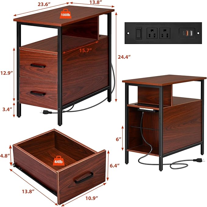 Narrow Side Tables with Charging Station, Narrow End Table with Wooden Drawers, USB Ports and Power Outlets, Nightstand and Bedside Table for Bedroom, End Tables Living Room, Espresso