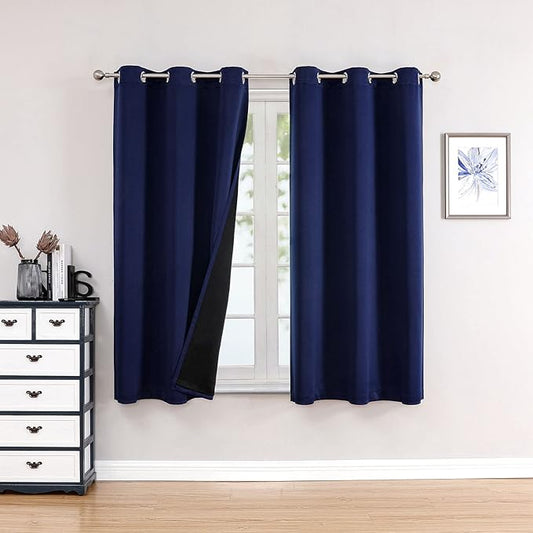 ChrisDowa 100% Blackout Curtains for Bedroom with Black Liner, 2 Thick Layers Total Blackout Thermal Insulated Grommet Small Window Curtains 2 Panels Set (Navy Blue, 42 x 45 Inch)