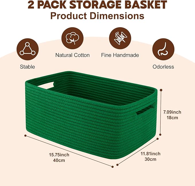 OIAHOMY Storage Basket for Shelves, Closet Cube Storage Bins Baskets for Clothes Blanket Towels, Baby Nursery, Toy Baskets Box, Woven Rope Basket, 15.75*11.81*7.09 IN, 2 Packs Green