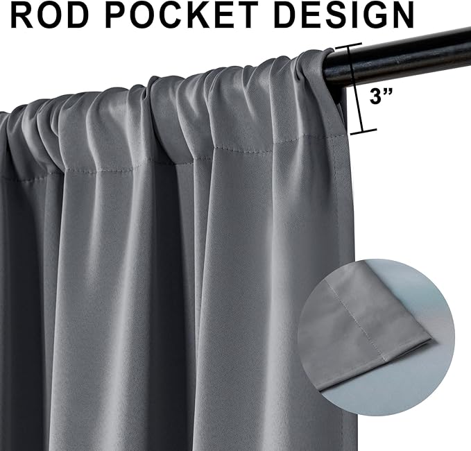 XWZO 100% Blackout Curtain Panels - Rod Pocket Thermal Insulated Black Liner, Noise Reducing and Heat Blocking Drapes for Hall and Studio Windows with Tiebacks, Dark Grey, W60 x L84, Set of 2