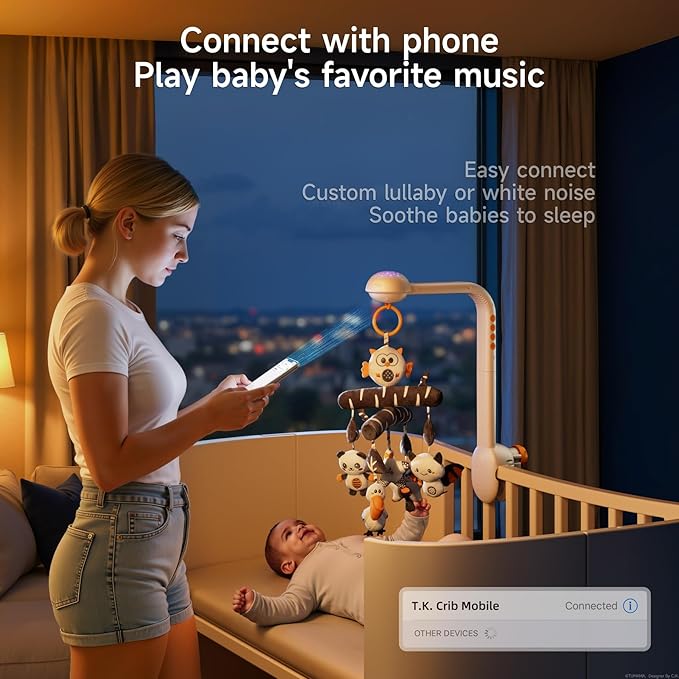 TUMAMA Baby Crib Mobile, High Contrast Baby Crib Toy with Projection Night Light, Music and White Noise, Soft Plush Animal Black and White Hanging Toy for Infant 0 3 6 9 Months Newborn Gift