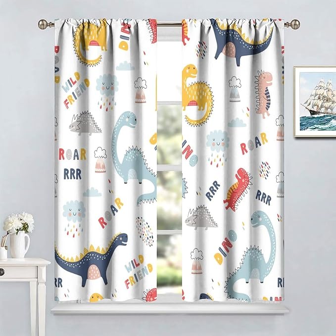 Cartoon Dinosaur Curtains for Kids Boys Girls Home Decor Colorful Cute Dino Animals Print Pattern Rod Pocket Blackout Window Drapes for Nursery Baby Bedroom Playroom W26xL84in 2 Panels