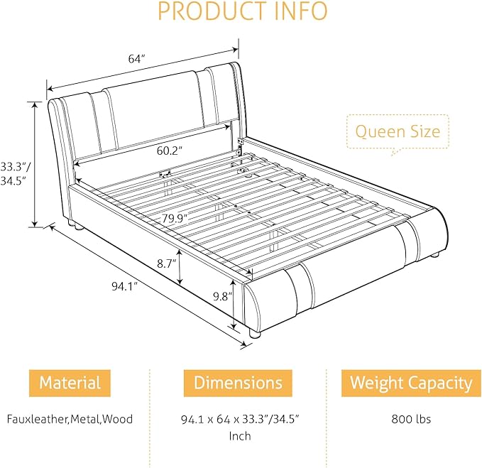 SHA CERLIN Modern Faux Leather Queen Bed Frame - Image 2