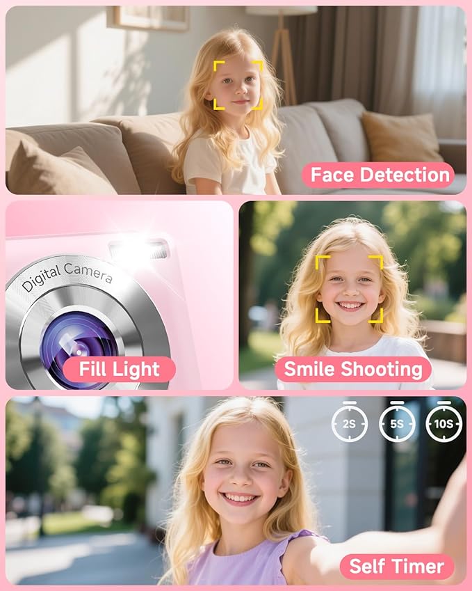Digital Camera, 44MP FHD 1080P, 16X Zoom, 32GB SD Card, Compact Camera for Kids Teens Adults, Pink