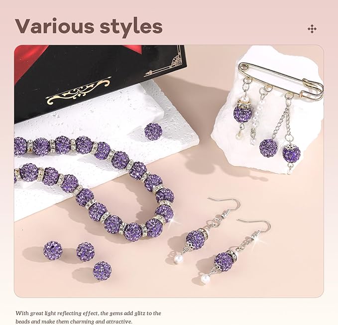 105pcs 10mm Rhinestone Beads for Jewelry Making, Purple Shiny Round Disco Ball Beads Bulk, Sparkle Crystal Clay Christmas for Bracelet Baseball Necklace Earring Crafting and DIY