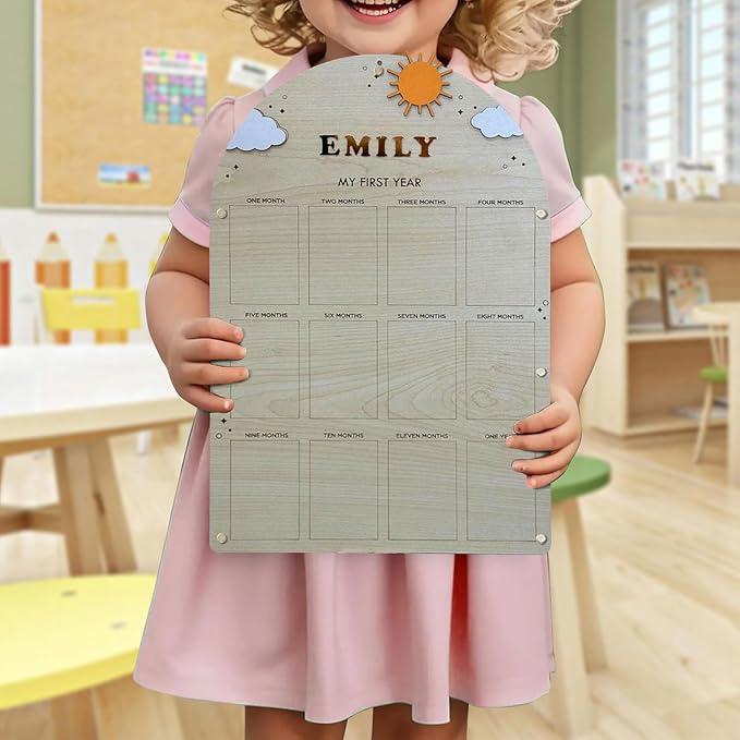 V-DECORPARKS Personalized My First Year Photo Frame | 12 Months Picture Frame For Baby First Year | Displays Twelve 2x3 Pictures | Birthday Party Decor Newborn Memory Keepsake