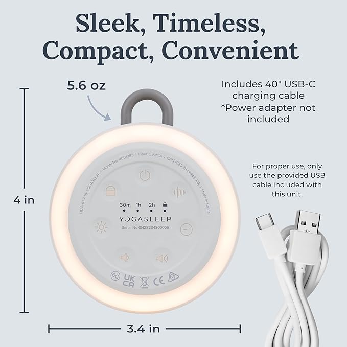 Yogasleep Hushh 2 Portable Sound Machine (Grey) for Baby and Kids, Backlit Buttons & Night Light, Durable, 6 Soothing Natural Sounds, Easy to Use Timer, Volume Control & Toddler Lock, Noise Canceling