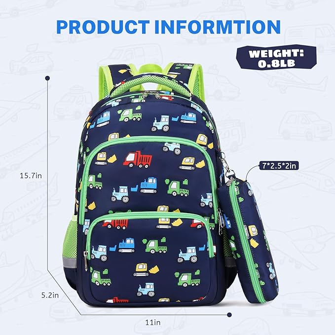 mygreen 3PCS Kids Backpack Set - Waterproof Bookbag with Lunch Box for Boys Ages 3-12, Adorable Cartoon Prints for School & Outdoor Use Dark Blue Cars