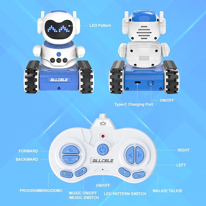ALLCELE LED RC Robot Toys for Boys and Girls with Walkie Talkie, Programming, Music, Demo and LED Function, Remote Control Robot Toy, Gift for Kids 3-8 Years Old Blue White