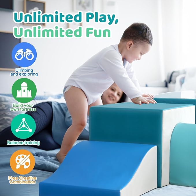 Sumbababy Foam Climbing Blocks for Toddlers: with a Tunnel - 4 PCS Foam Blocks - Kids Indoor Climbers Play Structures Play Gym Soft Climber with Slide and Stair Soft Playground Green